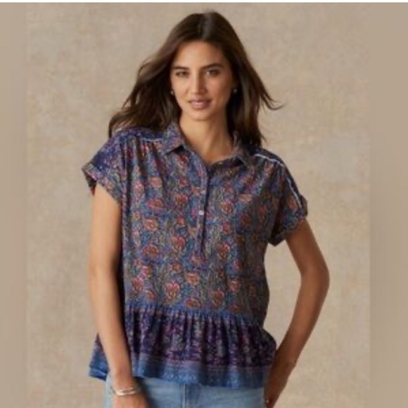Sundance 100% Cotton Peplum Blouse XSP Short Sleeve Button Front Boho Lagenlook - Picture 1 of 11